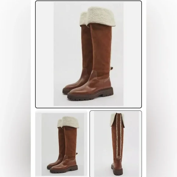 ZARA Over The Knee Leather Boots with Fleece Sherpa Trim- Size EU 39 US 8 - Picture 9 of 9